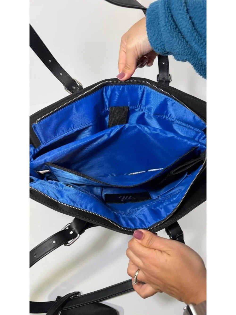 Black Laptop Tote Bag Large Work Shoulder Bag Blue Interior w/Pouch